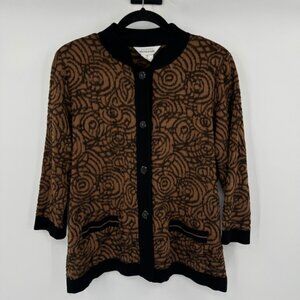 Exclusively Misook Womens Brown Black Swirl Knit Burnout Cardigan Jacket Medium